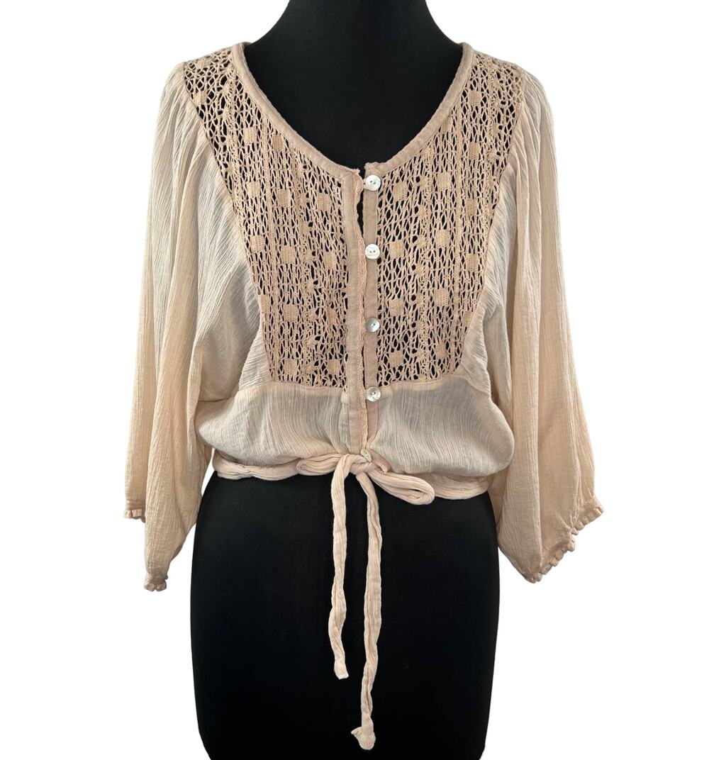 FREE PEOPLE Beige Crochet Lace Button-Up Long Sleeve Blouse Tie Hem Boho Sheer M